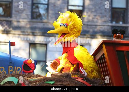 The 1-2-3 Sesame Street float heads down the parade route during The 97th Macy's Thanksgiving Day Parade in New York, Thursday, Nov. 23, 2023. In 2023, Sesame Street is celebrating its 47th appearance in the Parade. (Photo: Gordon Donovan) Stock Photo