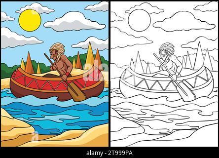 Native American Indian Canoe Coloring Illustration Stock Vector