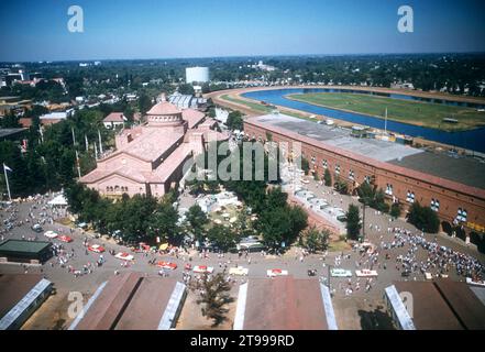 SACRAMENTO, CA - AUGUST, 1958: An aerial view of the games and rides at the Sacramento State Fairgrounds circa August, 1958 in Sacramento, California. (Photo by Hy Peskin) Stock Photo