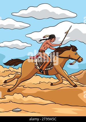 Native American Indian Riding a Horse Colored  Stock Vector