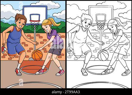 Basketball Kids Playing Coloring Page Illustration Stock Vector