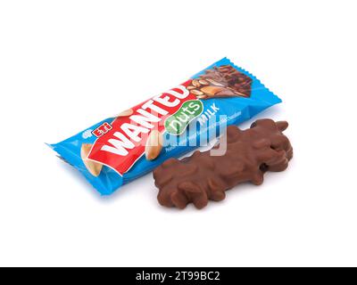 BUCHAREST, ROMANIA - FEBRUARY 12, 2020. Eti Wanted Nuts, peanut caramel nougat bars covered with milk chocolate, isolated on white Stock Photo