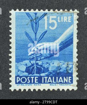 Cancelled postage stamp printed by Italy, that shows Hand Planting an Olive Tree, circa 1946. Stock Photo