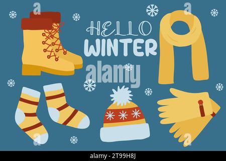 Set of lace up boots, scarf, socks, hat and gloves, warm winter accessory, flat style vector illustration Stock Vector