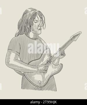 Guitarist playing his electro bass guitar, vintage engraving drawing style illustration Stock Vector