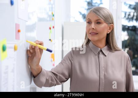 Professor explaining something with marker at whiteboard in classroom ...