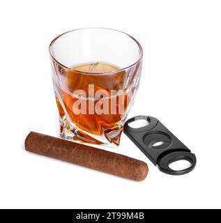 Glass of whiskey, cigar and cutter isolated on white Stock Photo