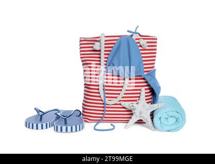 Stylish bag, starfish and other beach accessories isolated on white Stock Photo