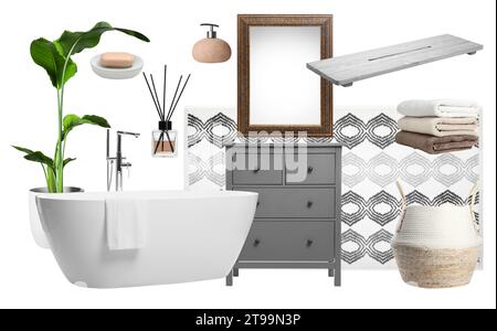 Mood board with bath tub, bathroom supplies and decorative elements on white background Stock Photo
