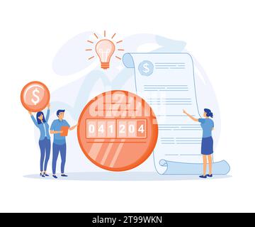 People paying utilities. Invoice and electricity meter. Electricity consumption expenses. Technician repair, meter installation, flat vector modern il Stock Vector