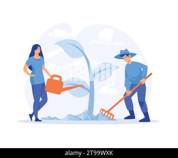 World Environment Day, people grow plants, doing farming job - watering, gathering, planting, flat vector modern illustration Stock Vector