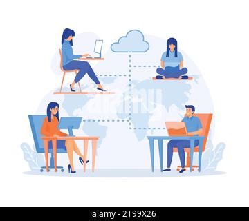 Business Outsourcing, People Using Cloud System in Distant Work and Data Storage. Business process outsourcing, flat vector modern illustration Stock Vector