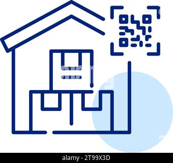 Delivery company warehouse with parcel boxes and qr code symbol. Pixel perfect icon Stock Vector