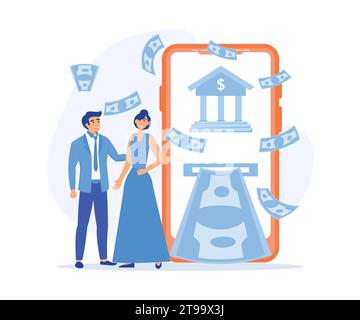 Bank Mobile Application for Family Budget. Young Married Couple Using Internet Banking and Accounting for Credit Card Managing, flat vector modern ill Stock Vector