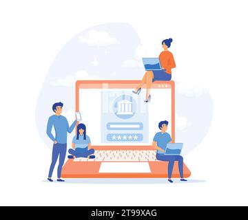 Mobile banking concept, people using laptop and mobile smart phone for online banking and accounting. flat vector modern illustration Stock Vector