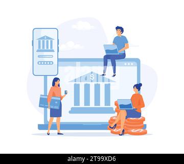 Mobile banking and online payment concept, People using laptop and mobile smartphone for online banking and accounting. flat vector modern illustratio Stock Vector