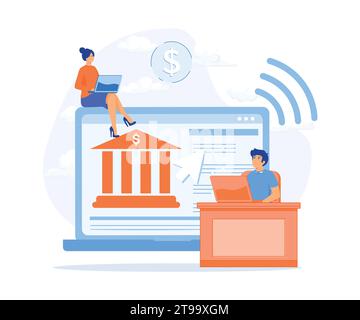 online banking system, finance digital transformation concept, people with laptop and financial digital transformation. flat vector modern illustratio Stock Vector