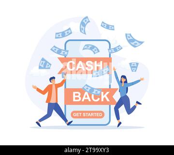 Online cash back or money refund concept, Happy people receiving cashback for shopping. Saving money, get vouchers and discounts, flat vector modern i Stock Vector