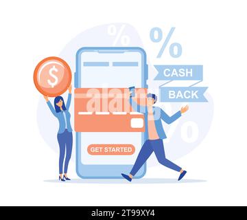 Online cash back or money refund concept. Happy people receiving cashback for shopping. Big phone with button get started the cashback, flat vector mo Stock Vector