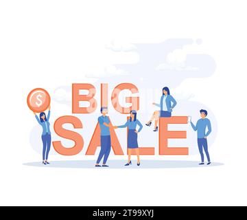 Big sale with small happy characters, Man and woman characters on discount event for banner, ads, promotion, flat vector modern illustration Stock Vector