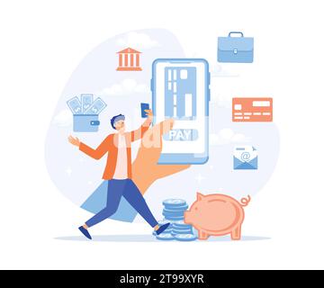 Mobile payment and mobile banking concept. Hands holding phones with differed type of payment. Internet banking, online purchasing and transaction, fl Stock Vector