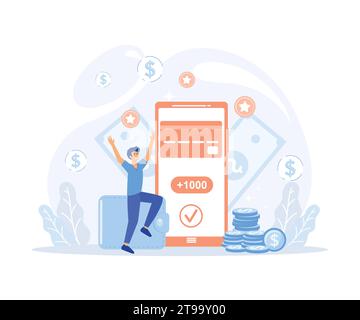 Earn points concept, male character rejoices in new accrued bonuses. Loyalty program, flat vector modern illustration Stock Vector