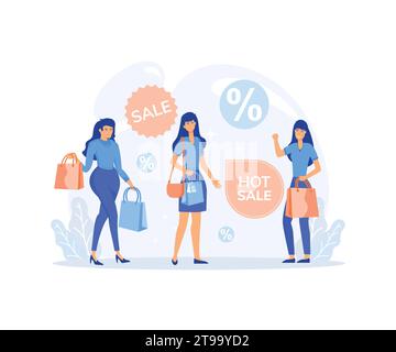 people with Shopping Bags and Presents, Big sale, Discount and Advertising Banner, flat vector modern illustration Stock Vector