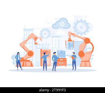 Smart Factory and working person using wireless technology to control, infographic of industry 4.0 concept, flat vector modern illustration Stock Vector