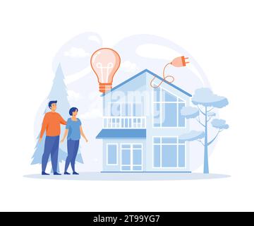 Green energy, Modern eco private house with solar energy panels and smart home technology. Electric car near charging station, flat vector modern illu Stock Vector