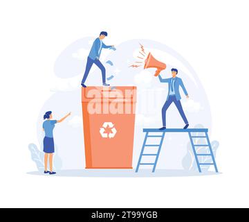 Ecology concept, People take care about planet ecology. Earth day. Garbage container with trees, plants and volunteer, flat vector modern illustration Stock Vector
