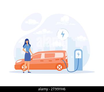Green energy, Modern eco private house with solar energy panels and smart home technology. Electric car near charging station, flat vector modern illu Stock Vector