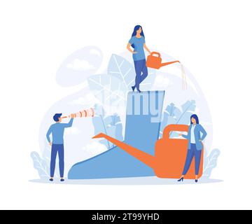 watering can and flowers on white background, gardeners taking care of the garden, growing and studying plants in nature, flat vector modern illustrat Stock Vector