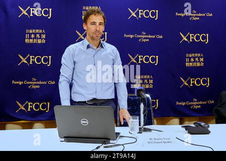 Tokyo, Japan. 24th Nov, 2023. Tiphaine Veron's brother Damien Veron attends a press conference at The Foreign Correspondents' Club of Japan in downtown Tokyo. Tiphaine Veron, a French national, disappeared in the tourist town of Nikko on July 29, 2018, while on vacation in Japan. The day before she vanished, she emailed pictures from her vacation to Nikko, but nothing has been heard from her since. She went for a stroll next to a river, according to the Japanese police, and fell in and drowned. Her relatives think she was kidnapped and killed. They claim to have discovered multiple discrepa Stock Photo