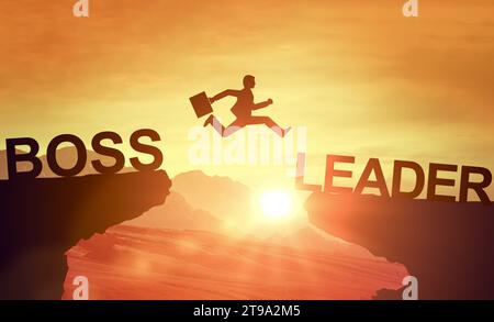 Silhouette Man jumping from Boss cliff to leader cliff. motivation for changing management style from boss to leader leading way. leadership concept Stock Photo