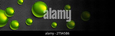 Green glossy beads on black perforated texture abstract tech background. Vector banner design Stock Vector
