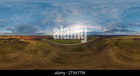 360 degree panoramic view of aerial full seamless spherical hdri 360 panorama view from great height above fields in countryside in equirectangular projection.  use like sky repla