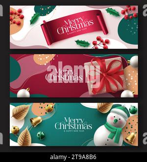 Merry christmas greeting card vector banner set. Christmas and happy new year text gift tags collection with xmas decoration ornaments in abstract Stock Vector