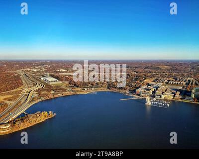 Aerial view of National Harbor, Maryland, outside Washington DC, with the Capital Wheel Ferris wheel on the Potomac River near Woodrow Wilson Bridge Stock Photo