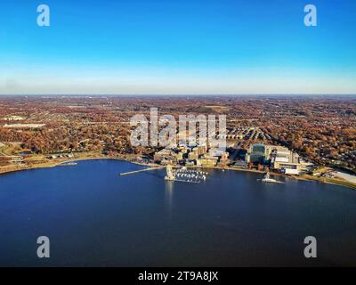 Aerial view of National Harbor, Maryland, outside Washington DC, with the Capital Wheel Ferris wheel on the Potomac River near Woodrow Wilson Bridge Stock Photo