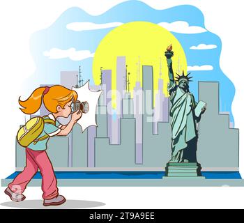tourist couple going on vacation to america are in front of the statue of liberty Stock Vector