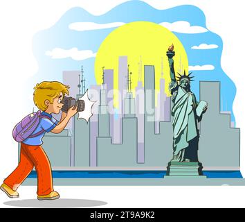 photographer boy takes photo of america statue of liberty tower Stock Vector