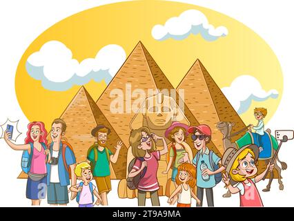 tourists in front of the pyramids in egypt Stock Vector