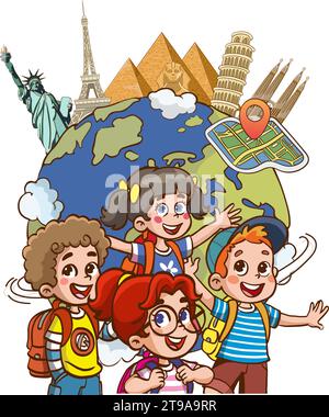 vector illustration of world tour and kids Stock Vector