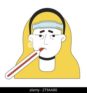 Seasonal flu woman temperature assessment 2D linear vector avatar illustration Stock Vector