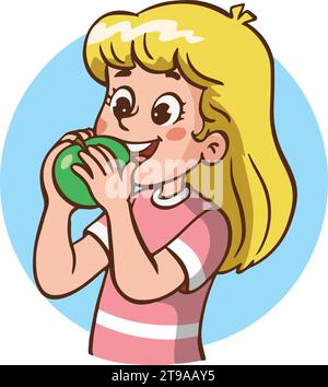 Vector illustration cartoon of a little girl eating green apple and showing thumb up sign. Stock Vector