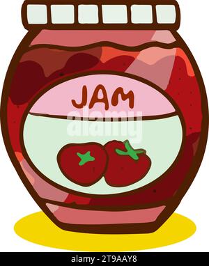 Vector graphics. Bright, cartoon illustration of a jam bottle. Simple pink jam bottle. White background. Stock Vector