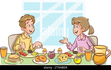 Happy kids having breakfast by themselves. Child nutrition concept. cartoon Vector illustration Stock Vector