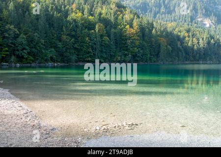 View over the Eibsee lake to the Ammergau Alps, Grainau, Garmisch-Partenkirchen, Bavaria, Germany Stock Photo