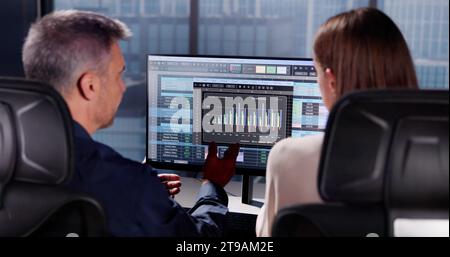Working Analyst at Desktop Computer with Spreadsheets Stock Photo