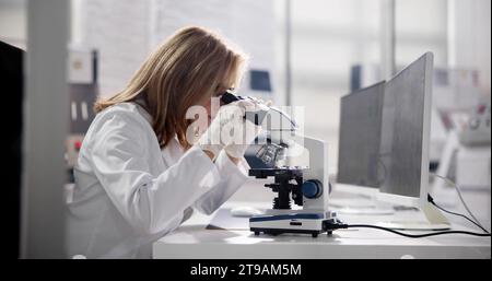 Female Doctor and Scientist Conducting Research in Computer Lab at Hospital Stock Photo
